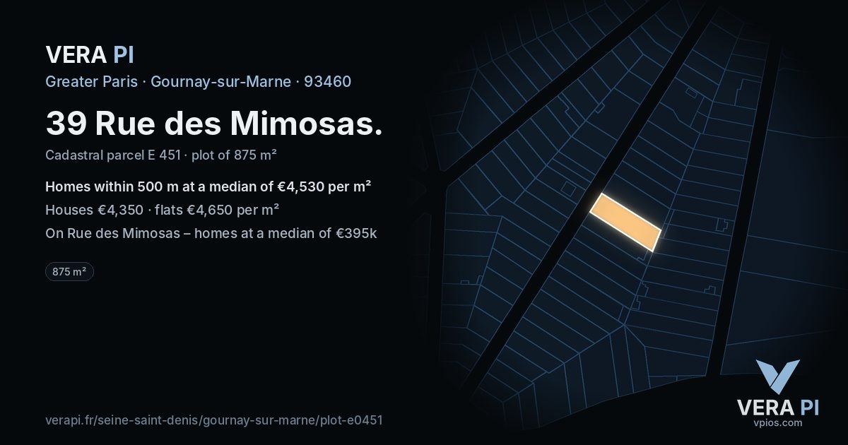 39 Rue des Mimosas, Gournay-sur-Marne at night – the plot lit, the parcels around coloured by the prices near them