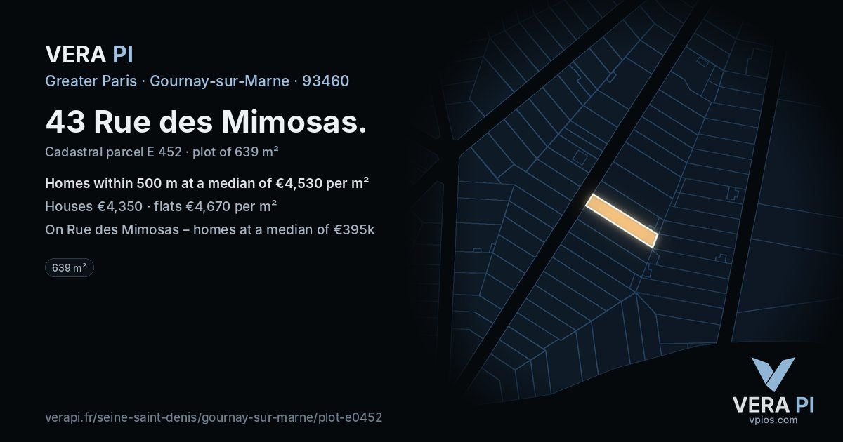 43 Rue des Mimosas, Gournay-sur-Marne at night – the plot lit, the parcels around coloured by the prices near them