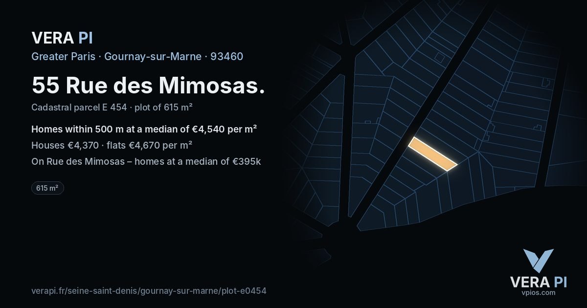 55 Rue des Mimosas, Gournay-sur-Marne at night – the plot lit, the parcels around coloured by the prices near them