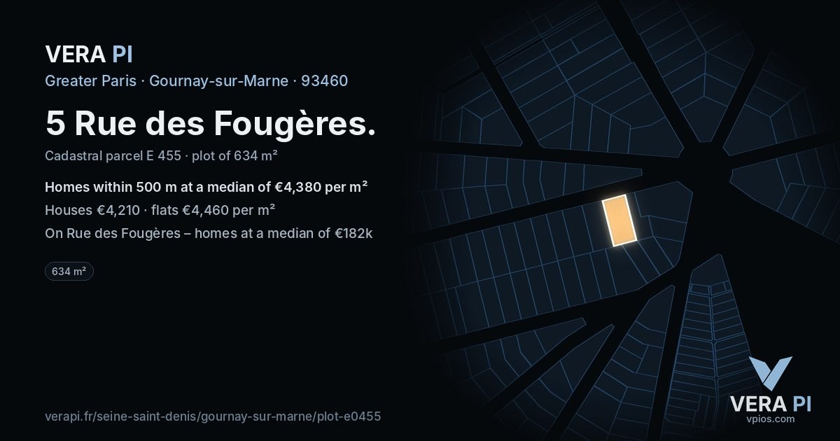 5 Rue des Fougères, Gournay-sur-Marne at night – the plot lit, the parcels around coloured by the prices near them