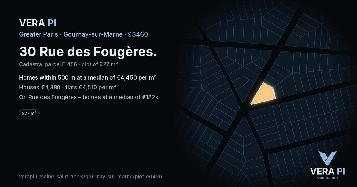 30 Rue des Fougères, Gournay-sur-Marne at night – the plot lit, the parcels around coloured by the prices near them