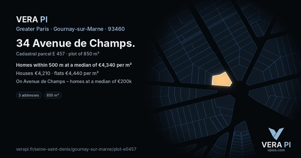 34 Avenue de Champs, Gournay-sur-Marne at night – the plot lit, the parcels around coloured by the prices near them