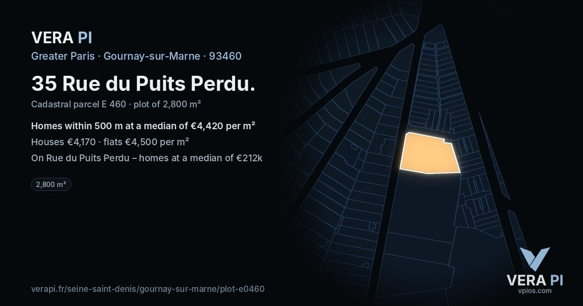 35 Rue du Puits Perdu, Gournay-sur-Marne at night – the plot lit, the parcels around coloured by the prices near them