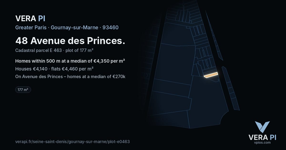 48 Avenue des Princes, Gournay-sur-Marne at night – the plot lit, the parcels around coloured by the prices near them
