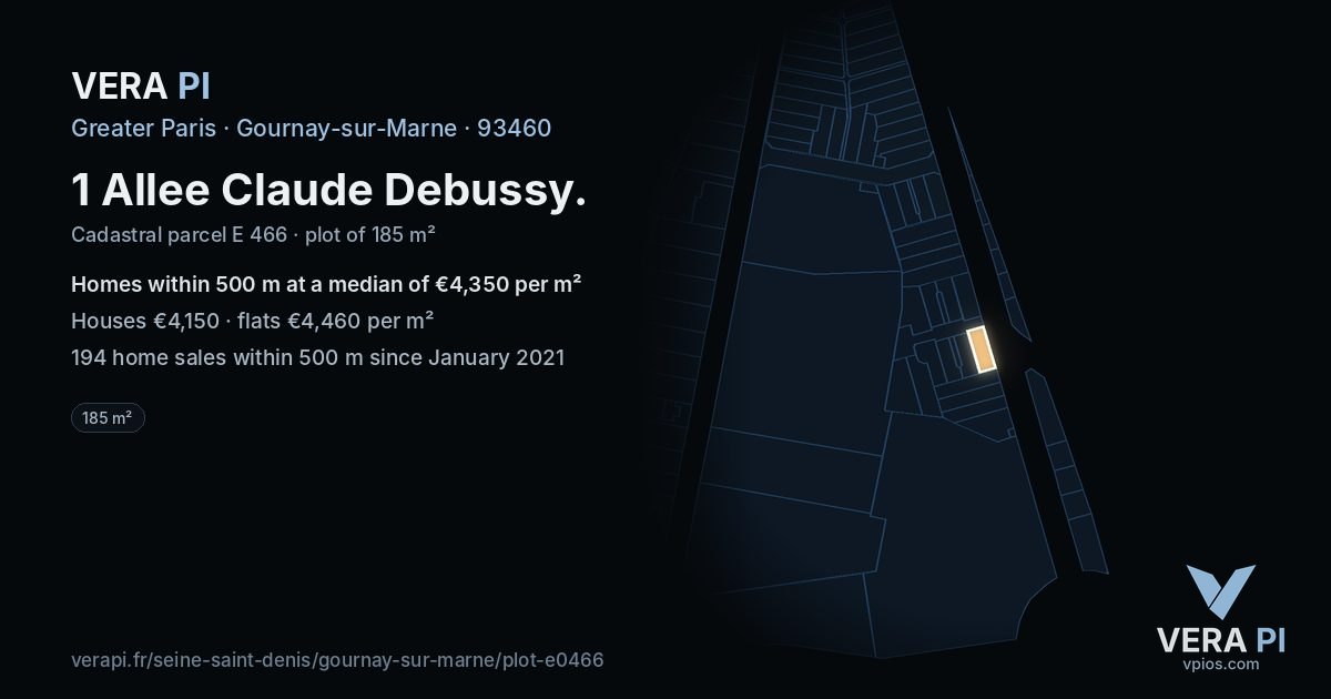 1 Allee Claude Debussy, Gournay-sur-Marne at night – the plot lit, the parcels around coloured by the prices near them