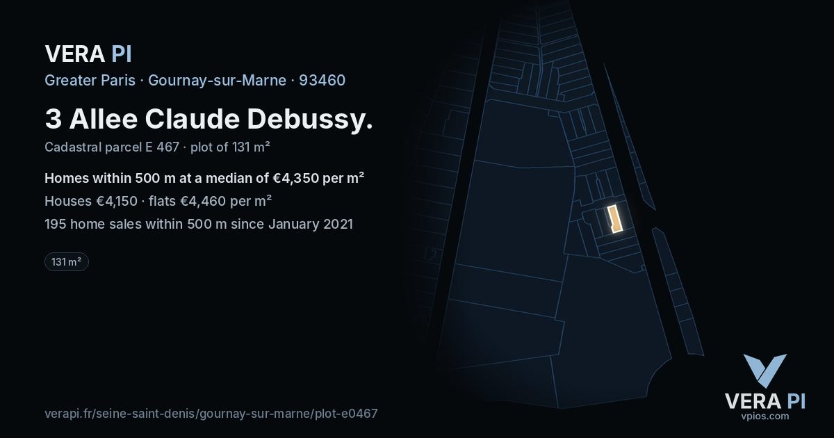 3 Allee Claude Debussy, Gournay-sur-Marne at night – the plot lit, the parcels around coloured by the prices near them
