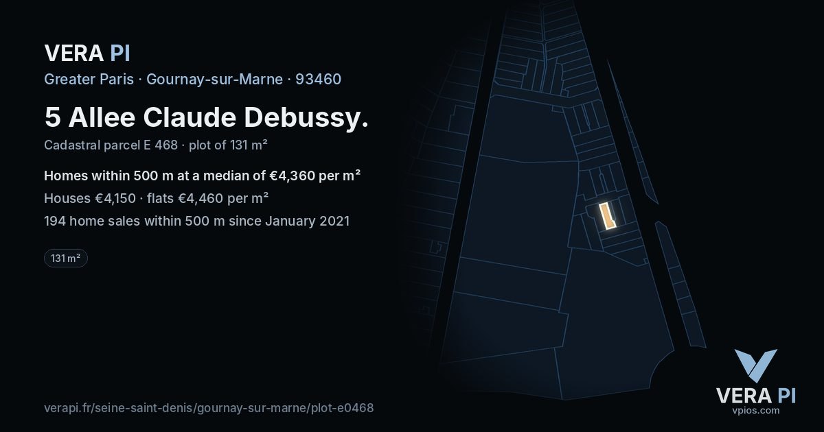 5 Allee Claude Debussy, Gournay-sur-Marne at night – the plot lit, the parcels around coloured by the prices near them