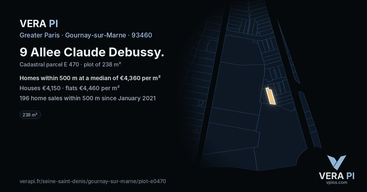 9 Allee Claude Debussy, Gournay-sur-Marne at night – the plot lit, the parcels around coloured by the prices near them