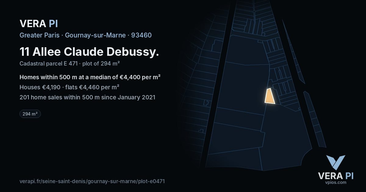 11 Allee Claude Debussy, Gournay-sur-Marne at night – the plot lit, the parcels around coloured by the prices near them