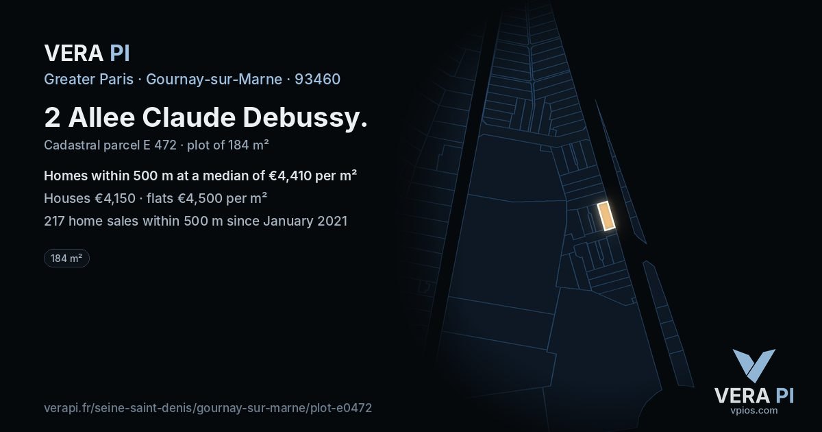 2 Allee Claude Debussy, Gournay-sur-Marne at night – the plot lit, the parcels around coloured by the prices near them
