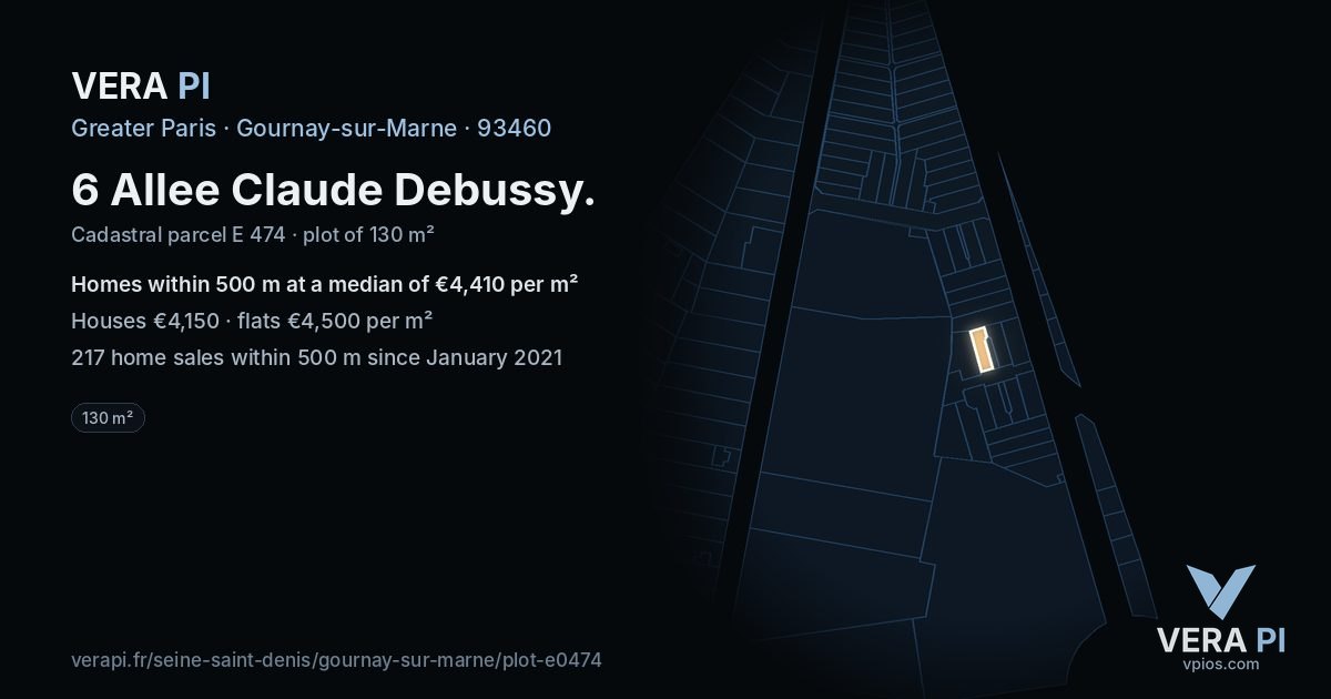 6 Allee Claude Debussy, Gournay-sur-Marne at night – the plot lit, the parcels around coloured by the prices near them