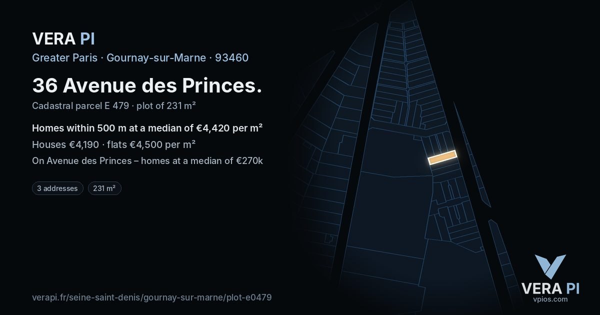 36 Avenue des Princes, Gournay-sur-Marne at night – the plot lit, the parcels around coloured by the prices near them