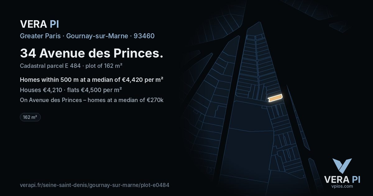 34 Avenue des Princes, Gournay-sur-Marne at night – the plot lit, the parcels around coloured by the prices near them