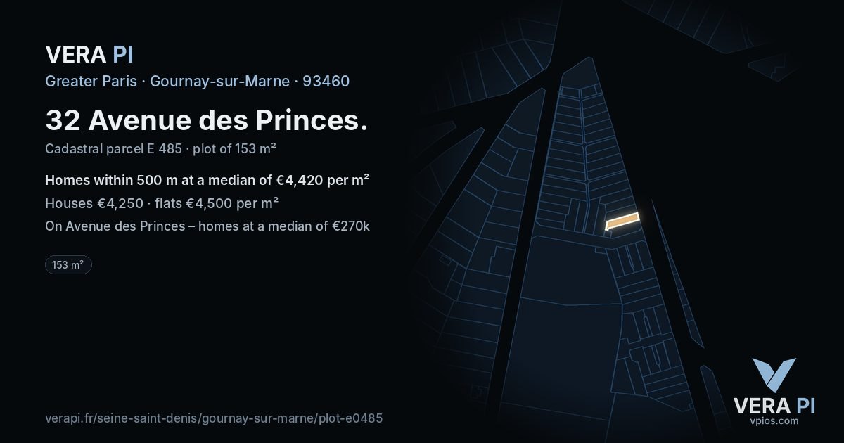 32 Avenue des Princes, Gournay-sur-Marne at night – the plot lit, the parcels around coloured by the prices near them