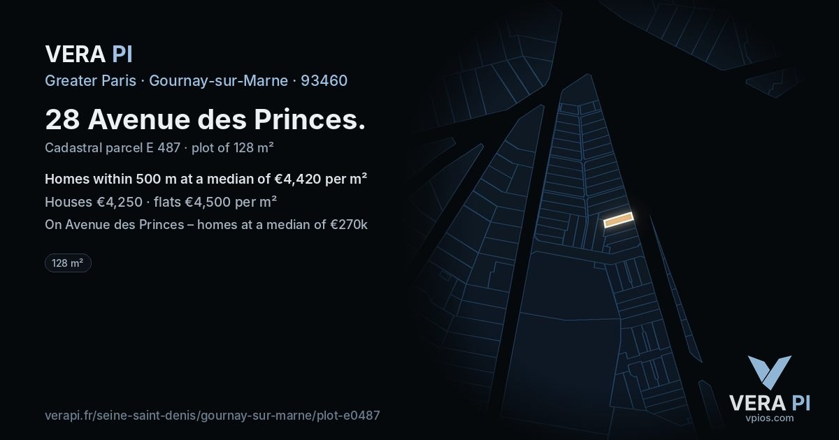 28 Avenue des Princes, Gournay-sur-Marne at night – the plot lit, the parcels around coloured by the prices near them