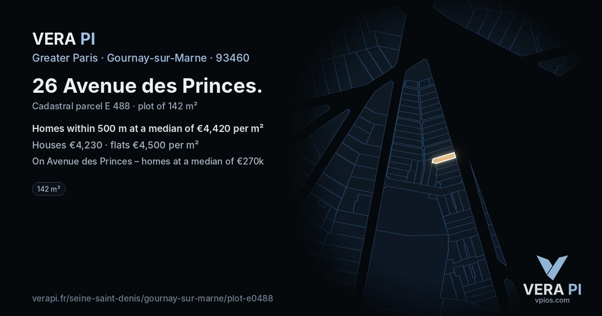 26 Avenue des Princes, Gournay-sur-Marne at night – the plot lit, the parcels around coloured by the prices near them
