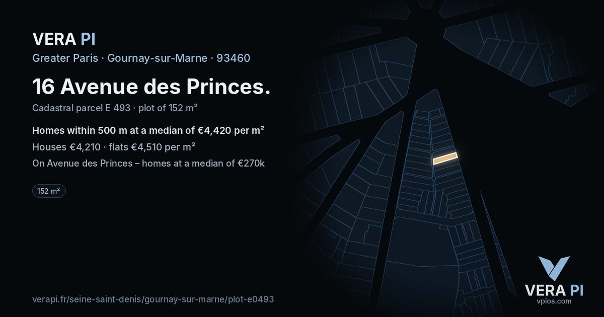 16 Avenue des Princes, Gournay-sur-Marne at night – the plot lit, the parcels around coloured by the prices near them