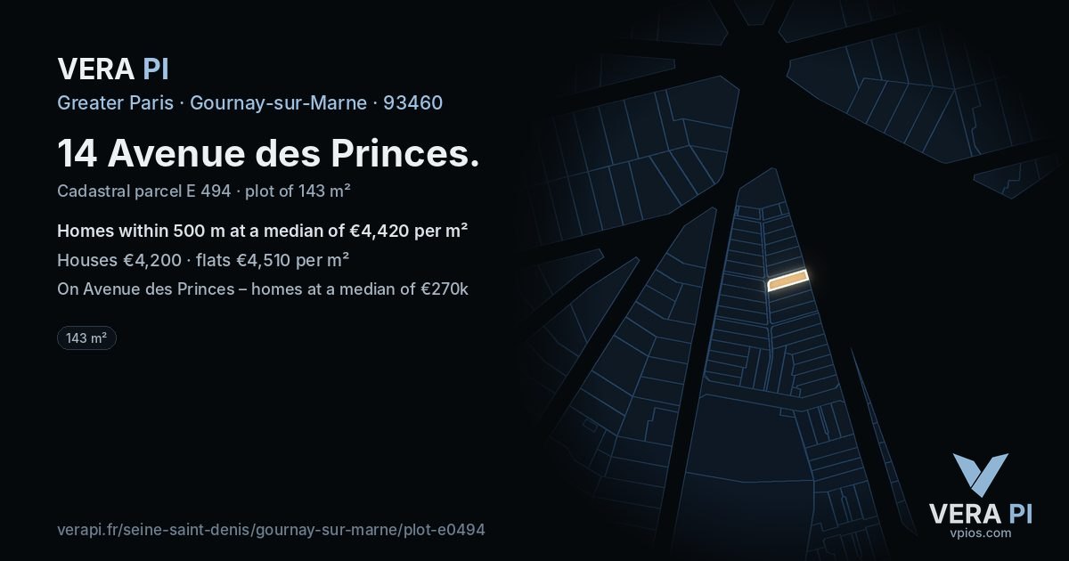 14 Avenue des Princes, Gournay-sur-Marne at night – the plot lit, the parcels around coloured by the prices near them
