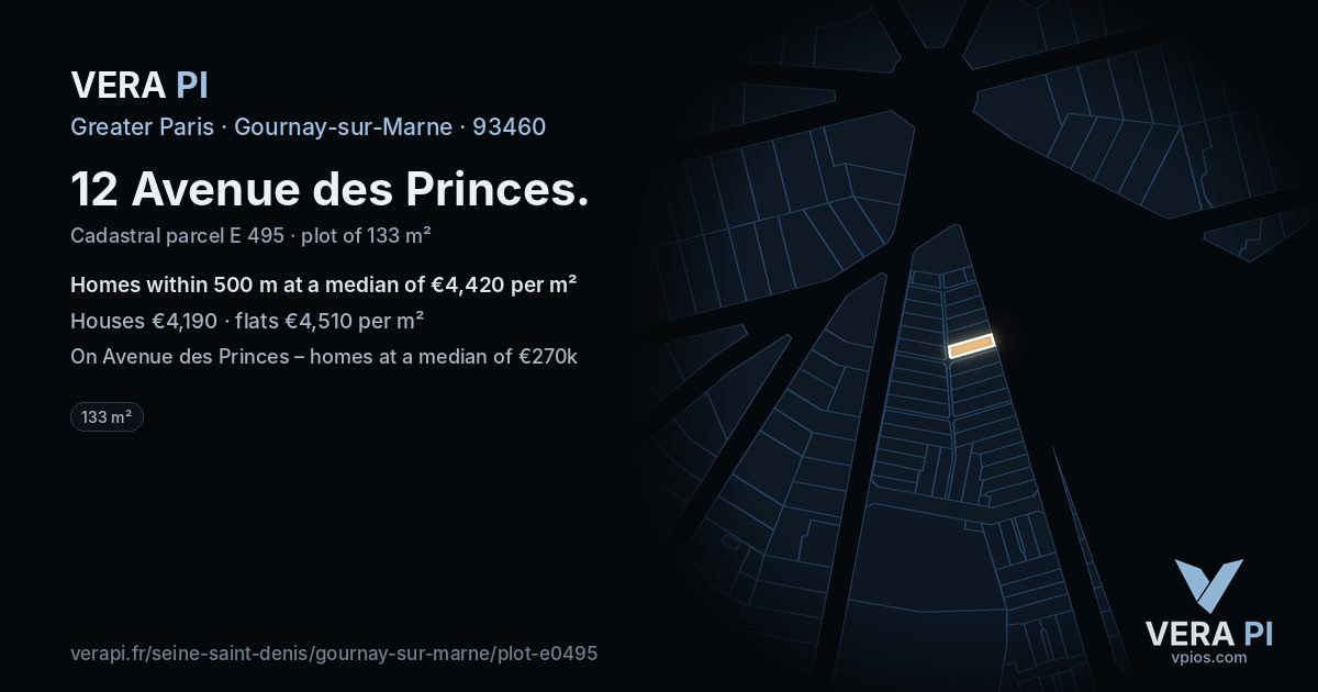 12 Avenue des Princes, Gournay-sur-Marne at night – the plot lit, the parcels around coloured by the prices near them
