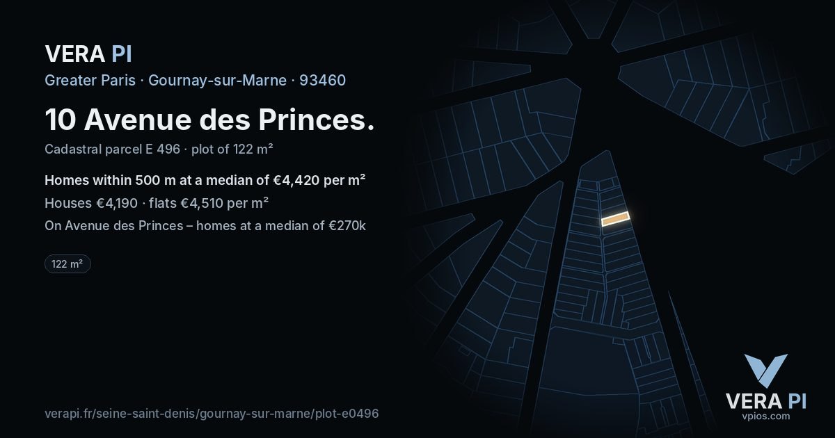 10 Avenue des Princes, Gournay-sur-Marne at night – the plot lit, the parcels around coloured by the prices near them