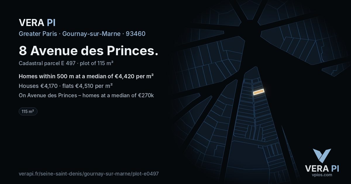 8 Avenue des Princes, Gournay-sur-Marne at night – the plot lit, the parcels around coloured by the prices near them