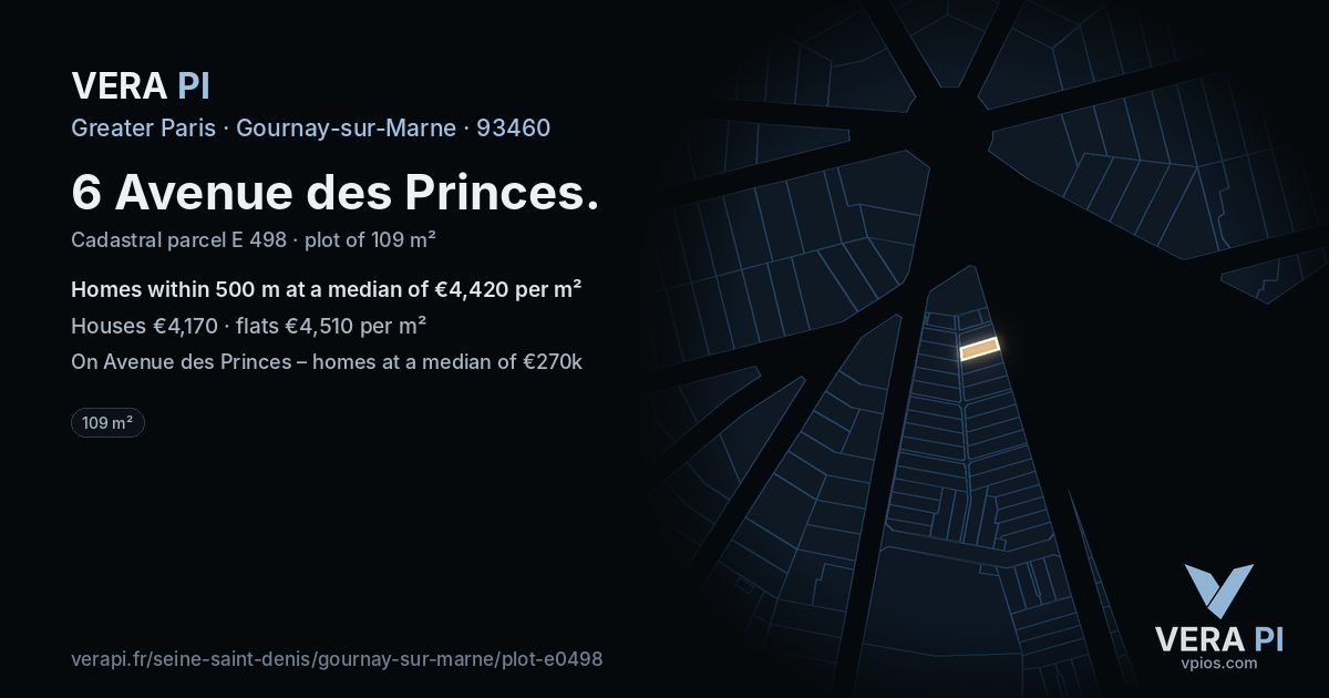 6 Avenue des Princes, Gournay-sur-Marne at night – the plot lit, the parcels around coloured by the prices near them