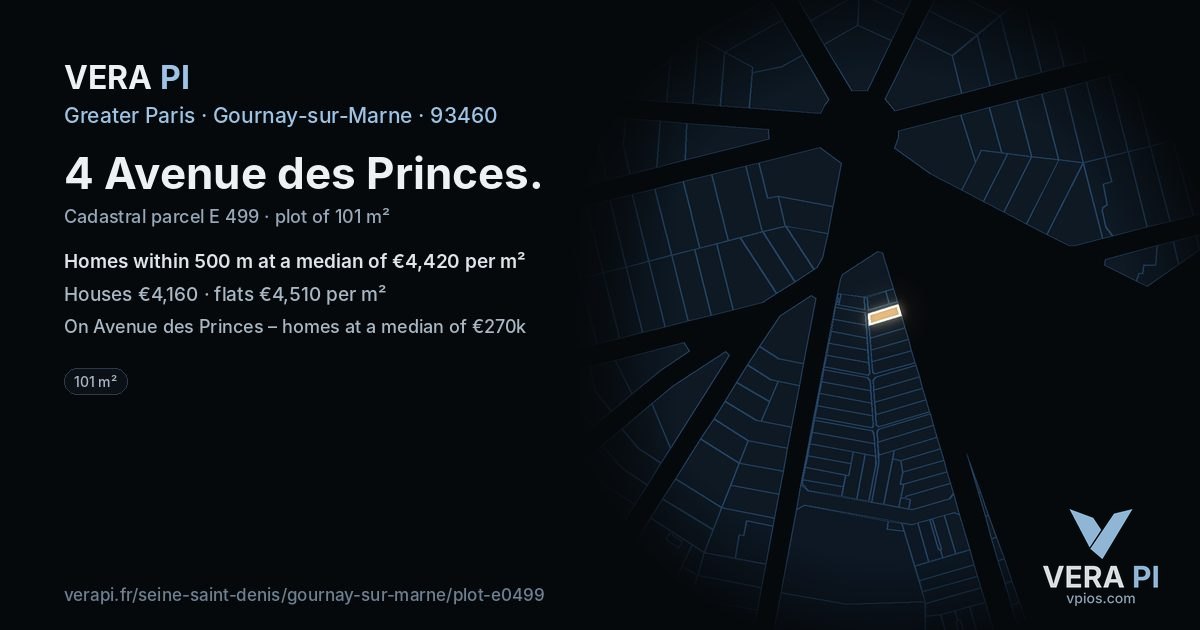 4 Avenue des Princes, Gournay-sur-Marne at night – the plot lit, the parcels around coloured by the prices near them