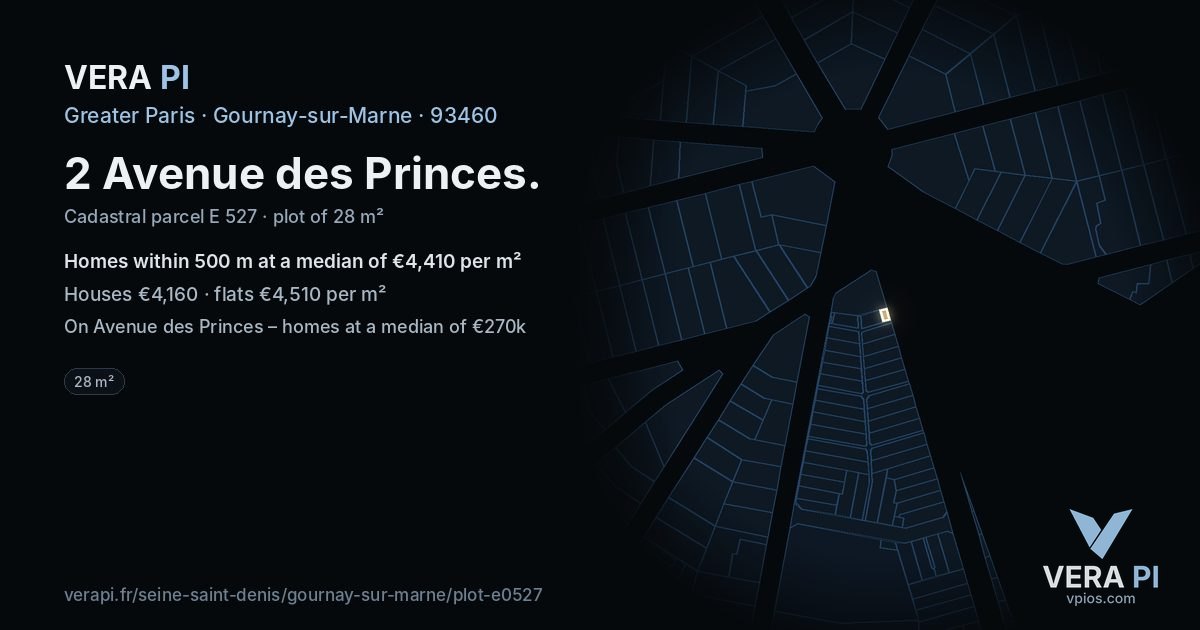 2 Avenue des Princes, Gournay-sur-Marne at night – the plot lit, the parcels around coloured by the prices near them