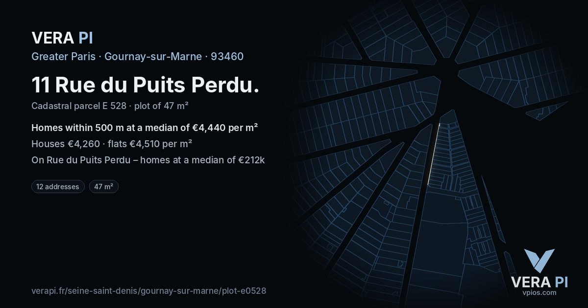 11 Rue du Puits Perdu, Gournay-sur-Marne at night – the plot lit, the parcels around coloured by the prices near them