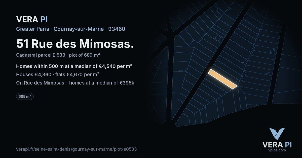 51 Rue des Mimosas, Gournay-sur-Marne at night – the plot lit, the parcels around coloured by the prices near them