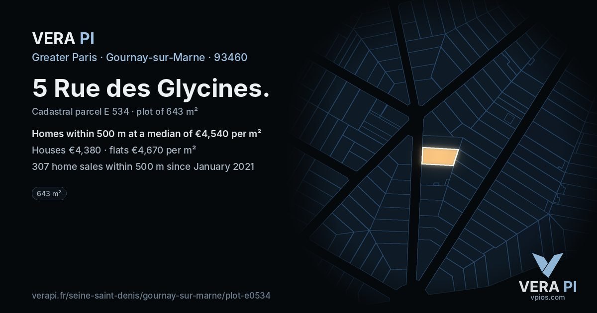 5 Rue des Glycines, Gournay-sur-Marne at night – the plot lit, the parcels around coloured by the prices near them