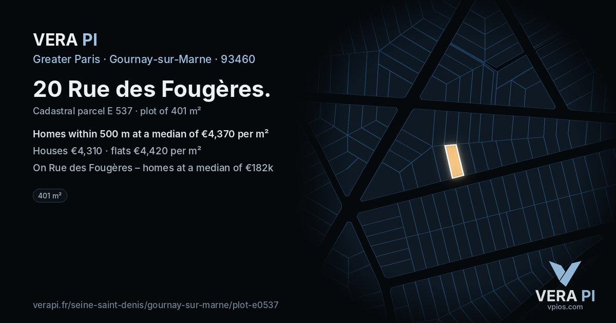 20 Rue des Fougères, Gournay-sur-Marne at night – the plot lit, the parcels around coloured by the prices near them