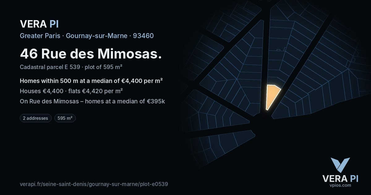 46 Rue des Mimosas, Gournay-sur-Marne at night – the plot lit, the parcels around coloured by the prices near them