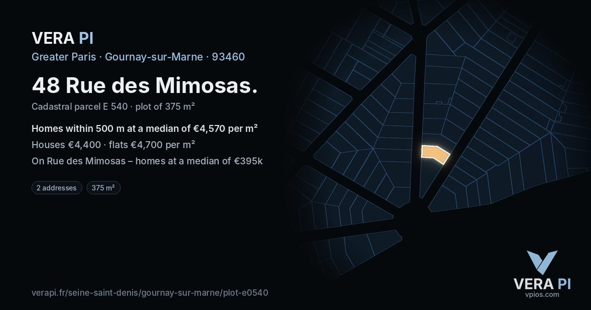 48 Rue des Mimosas, Gournay-sur-Marne at night – the plot lit, the parcels around coloured by the prices near them