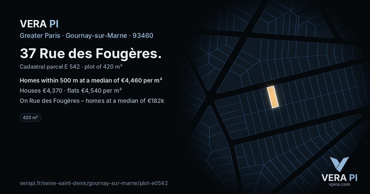 37 Rue des Fougères, Gournay-sur-Marne at night – the plot lit, the parcels around coloured by the prices near them