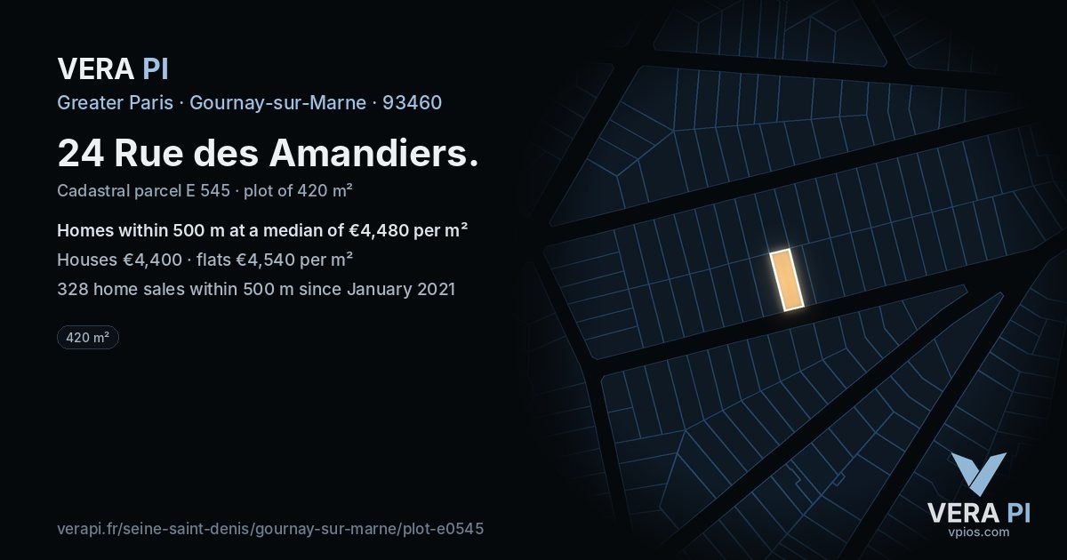 24 Rue des Amandiers, Gournay-sur-Marne at night – the plot lit, the parcels around coloured by the prices near them