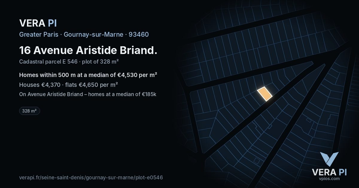 16 Avenue Aristide Briand, Gournay-sur-Marne at night – the plot lit, the parcels around coloured by the prices near them