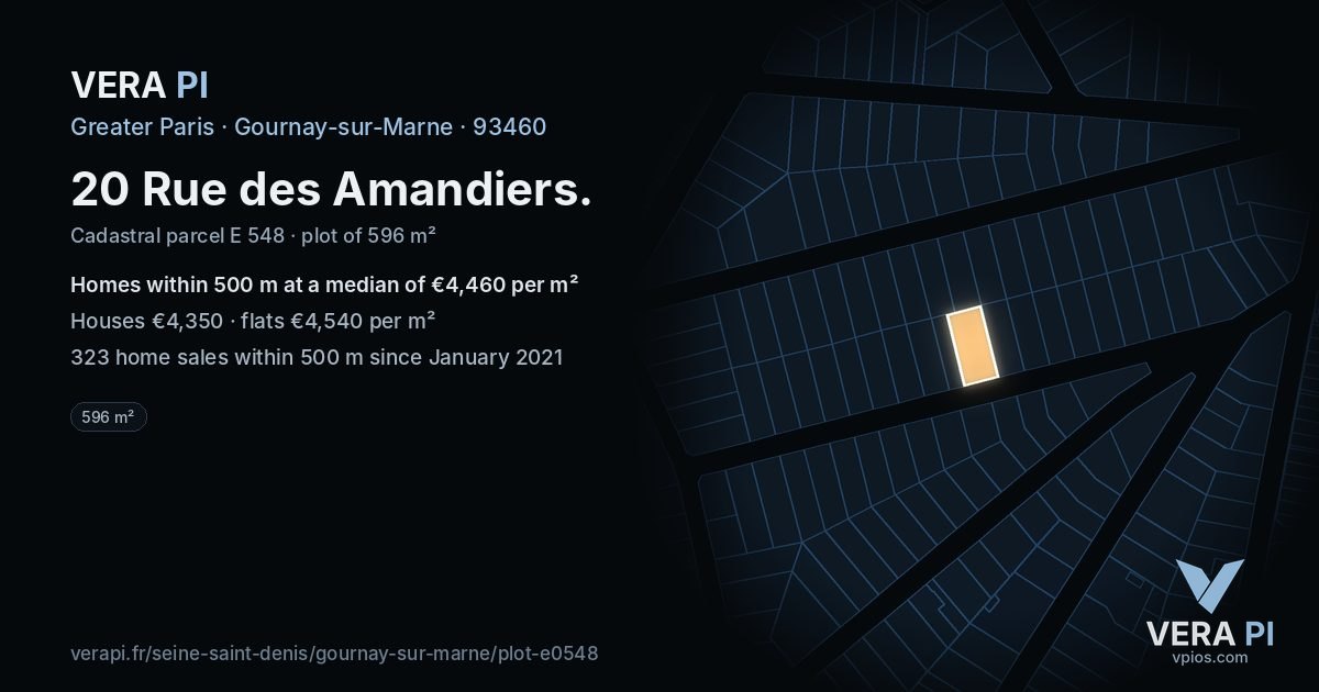 20 Rue des Amandiers, Gournay-sur-Marne at night – the plot lit, the parcels around coloured by the prices near them