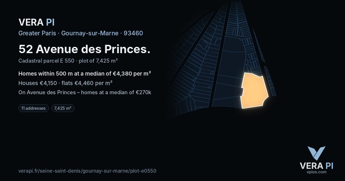 52 Avenue des Princes, Gournay-sur-Marne at night – the plot lit, the parcels around coloured by the prices near them