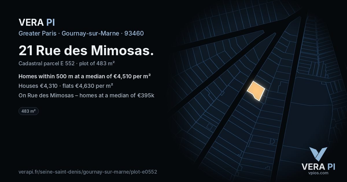 21 Rue des Mimosas, Gournay-sur-Marne at night – the plot lit, the parcels around coloured by the prices near them