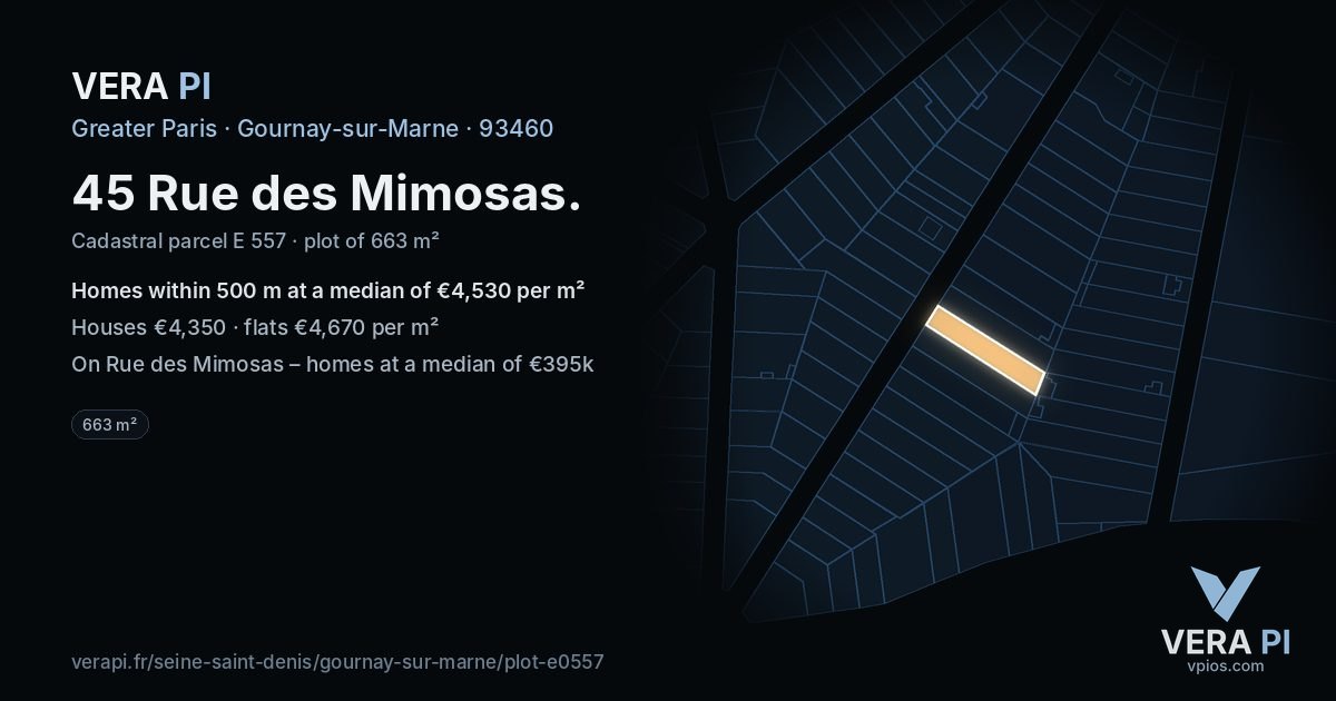 45 Rue des Mimosas, Gournay-sur-Marne at night – the plot lit, the parcels around coloured by the prices near them