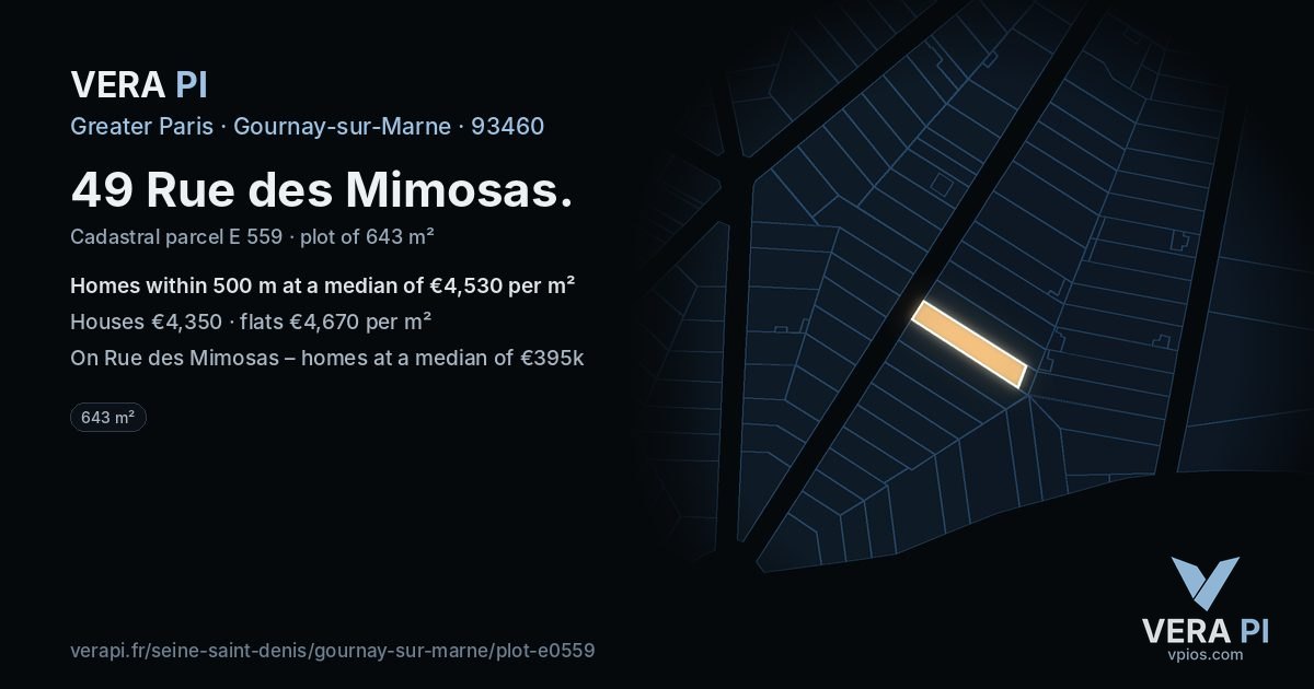 49 Rue des Mimosas, Gournay-sur-Marne at night – the plot lit, the parcels around coloured by the prices near them