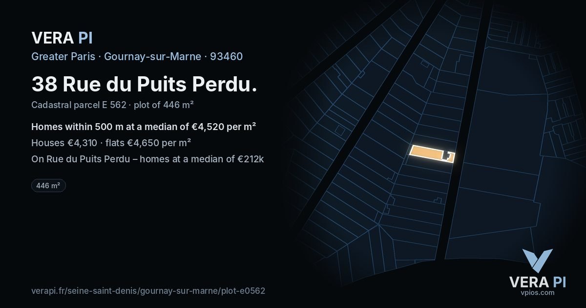 38 Rue du Puits Perdu, Gournay-sur-Marne at night – the plot lit, the parcels around coloured by the prices near them