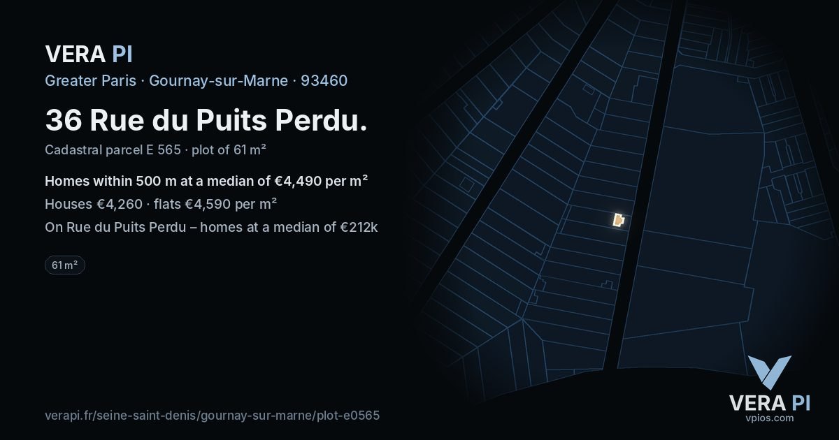 36 Rue du Puits Perdu, Gournay-sur-Marne at night – the plot lit, the parcels around coloured by the prices near them