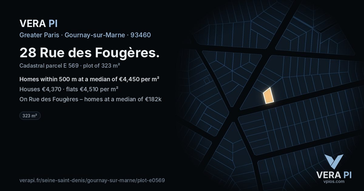 28 Rue des Fougères, Gournay-sur-Marne at night – the plot lit, the parcels around coloured by the prices near them