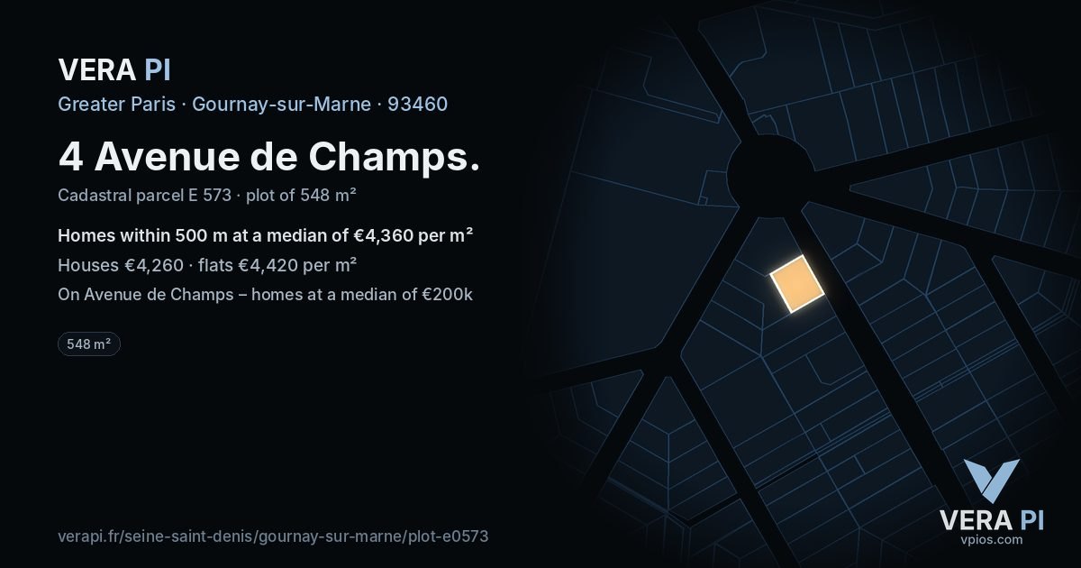 4 Avenue de Champs, Gournay-sur-Marne at night – the plot lit, the parcels around coloured by the prices near them