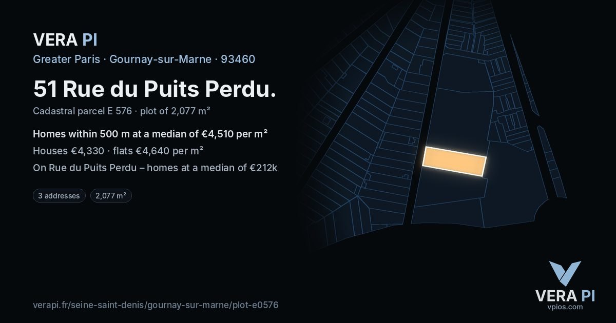 51 Rue du Puits Perdu, Gournay-sur-Marne at night – the plot lit, the parcels around coloured by the prices near them