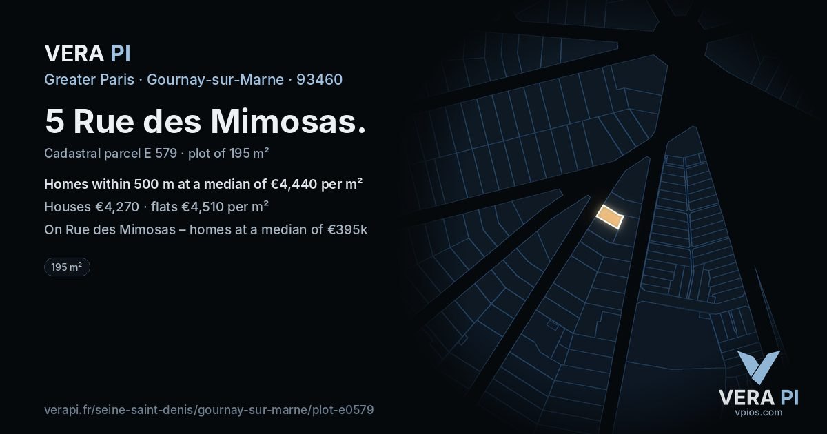 5 Rue des Mimosas, Gournay-sur-Marne at night – the plot lit, the parcels around coloured by the prices near them