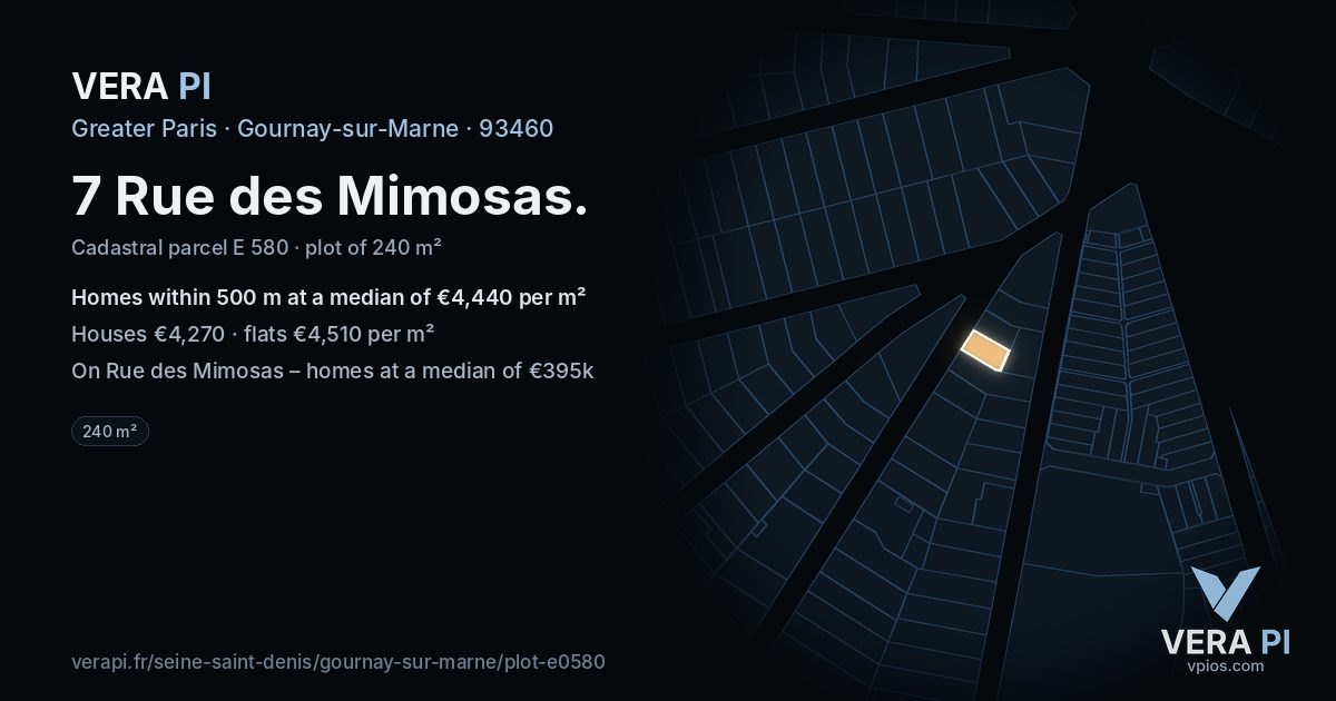 7 Rue des Mimosas, Gournay-sur-Marne at night – the plot lit, the parcels around coloured by the prices near them