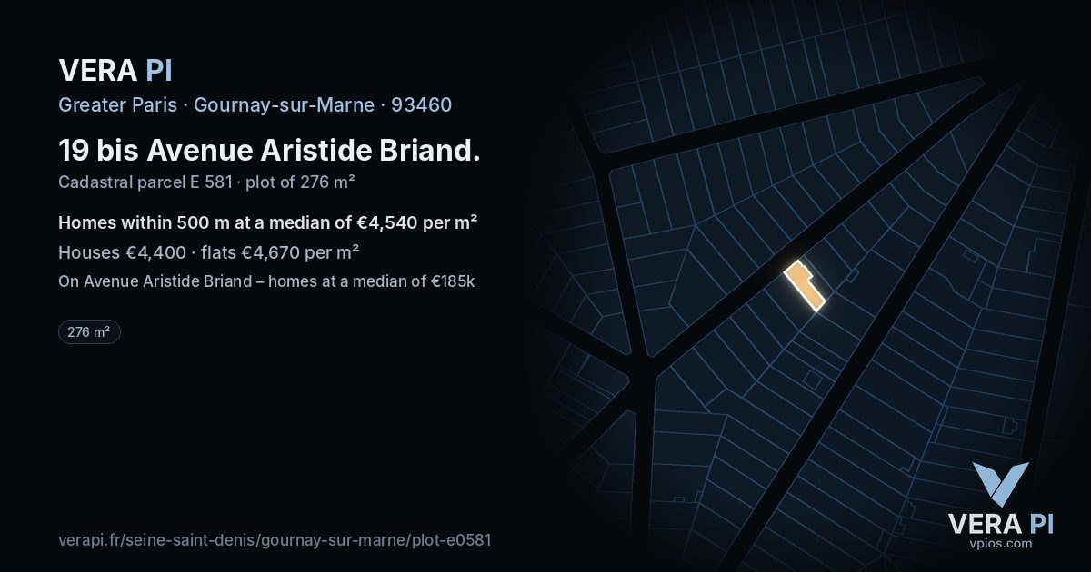 19 bis Avenue Aristide Briand, Gournay-sur-Marne at night – the plot lit, the parcels around coloured by the prices near them